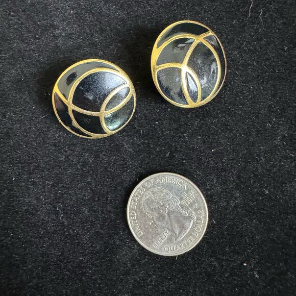 Monet Gold Tone Black Enamel Round Swirl Geometric Design Clip on Earrings - Picture 2 of 5